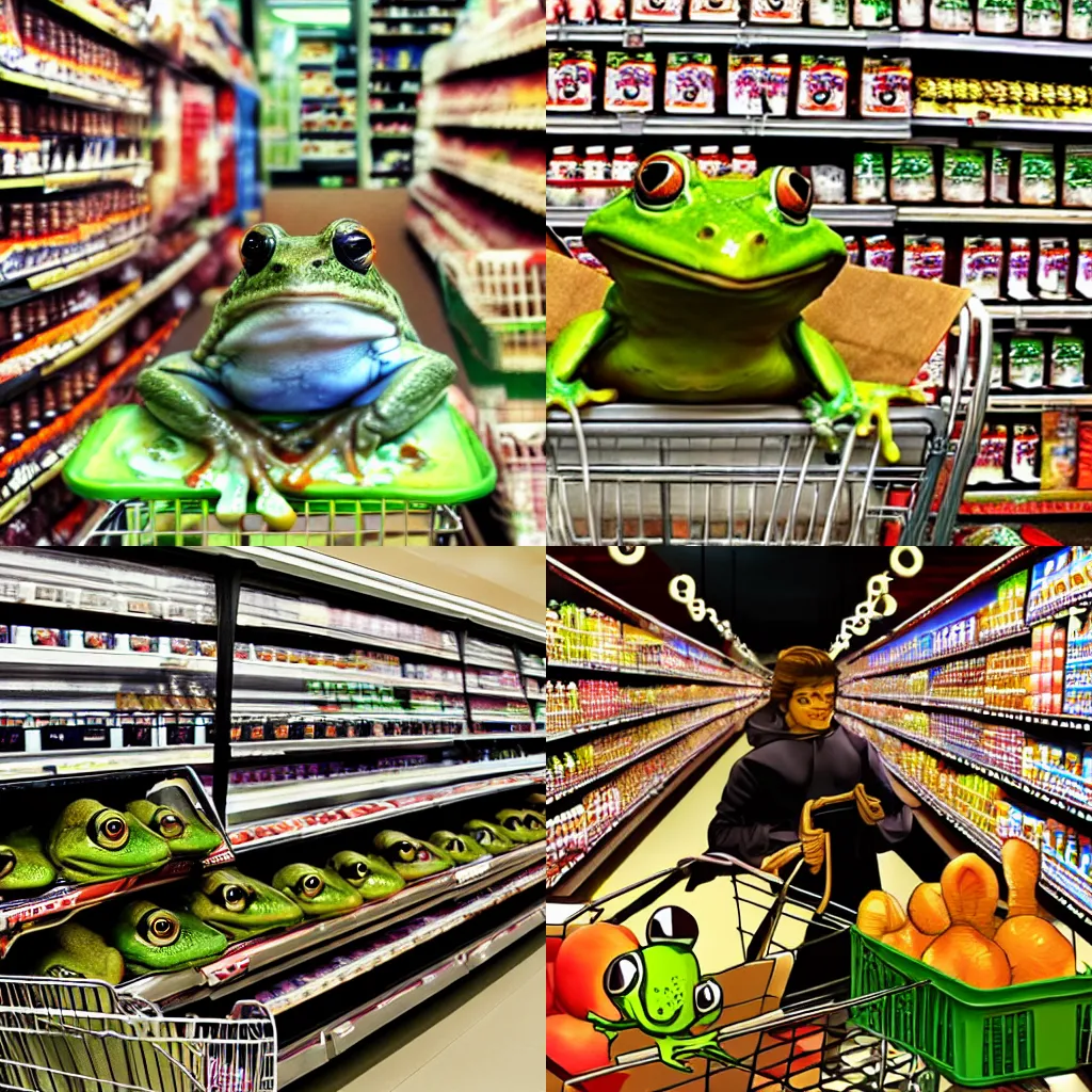Prompt: cinematic frog grocery shopping