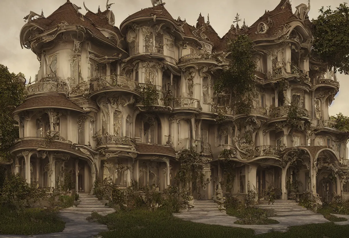 Prompt: art nouveau villa, ominous background, hyper realism, realistic, dramatic lighting, octane render, highly detailed, cinematic lighting, cinematic, art by rubens and rutkowski and rembrandt