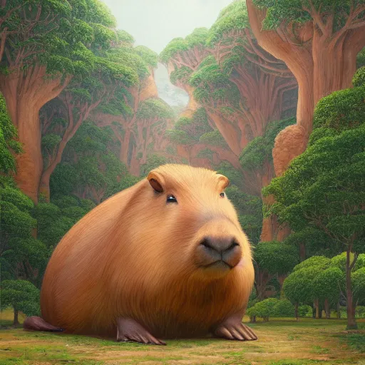 Prompt: a beautiful painting of an enormous capybara animal statue, by Antonio Guidotti, ghibli studio, hyper detailed, matte art, trending on artstation