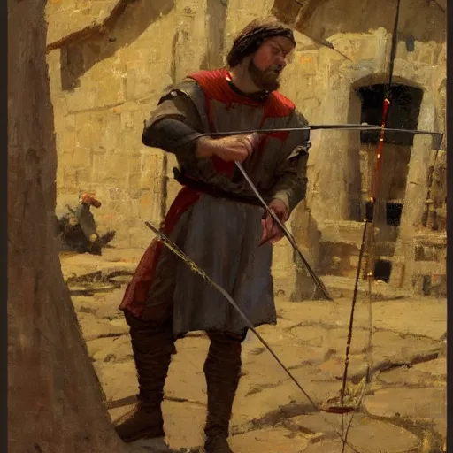 Image similar to portrait of man in medieval clothes aiming a bow by craig mullins, greg manchess, bernie fuchs, walter everett, lost edges
