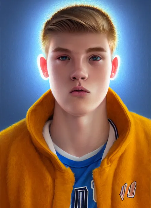 Image similar to portrait of high school senior boy named big moose, blonde short hair, jock, beefy, wide face, square jaw, square facial structure, blue varsity jacket with his name, intricate, elegant, glowing lights, highly detailed, digital painting, artstation, concept art, sharp focus, illustration, art by wlop, mars ravelo and greg rutkowski