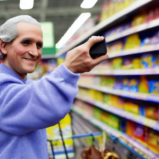 Image similar to professional color photo of George Washington taking a selfie in Walmart, 4k