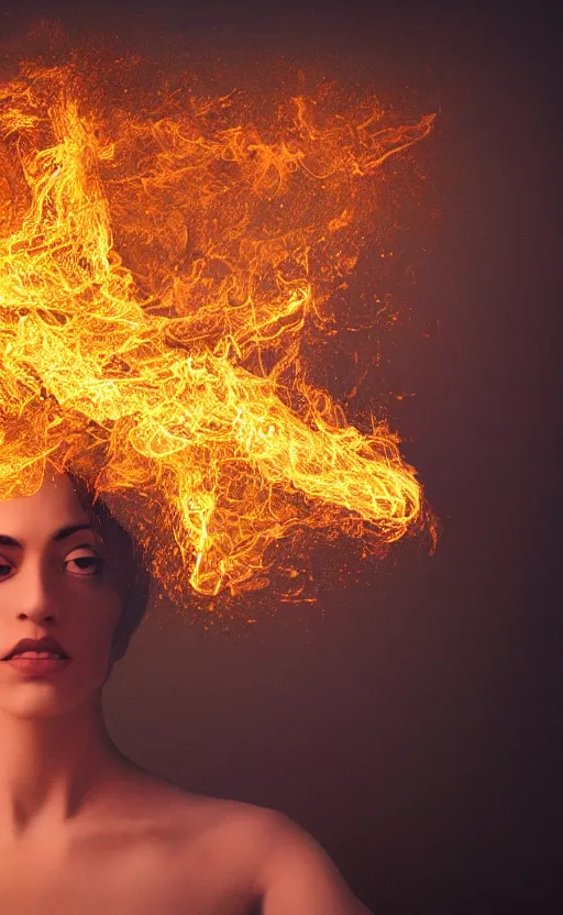 Prompt: a surreal painting of a woman made of golden fire, volumetric lighting