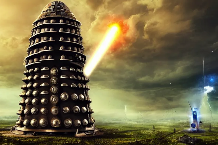 Image similar to colossal Dalek towering over village shooting lasers, houses, trees, looking down, realistic, post apocalyptic style, tornadoes, dark clouds, hyper realistic, wide angle