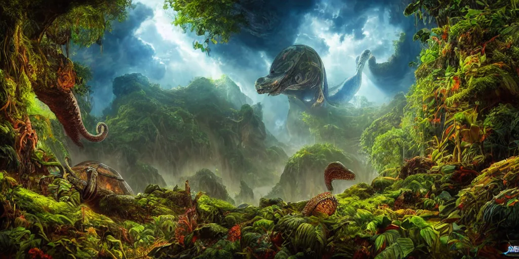 Image similar to fantasy oil painting, alien spacecraft, outer worlds, great leviathan, turtle cephalopod terrapin reptilian pachyderm amphibian hybrid, rainforest mountains, lush plants flowers, epic natural light, bright clouds, luminous sky, bright cinematic key lighting, michael cheval, michael whelan, vray, 8 k hd