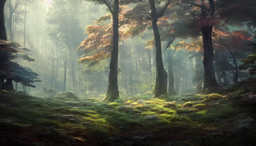 Image similar to A highly detailed matte oil painting of a forest by Mokoto Shinkai, hyperrealistic, breathtaking, beautiful composition, by Artgerm, by beeple, by Studio Ghibli, volumetric lighting, octane render, 4K resolution, trending on artstation