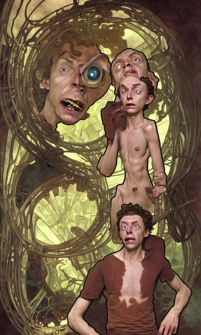 Image similar to hyper realistic grotesque portrait of an young dumb morty, from rick and morty, worried, interdimentional portal in the background, by lee bermejo, alphonse mucha and greg rutkowski