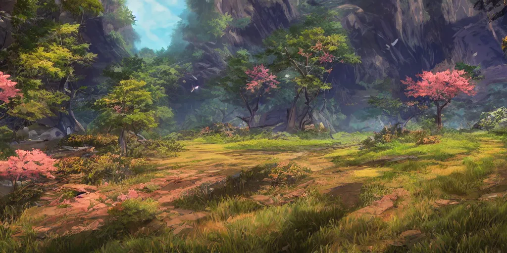 Image similar to beautiful nature environment from genshin impact, game art, in game screenshot, beautiful colors, 8 k, detailed, award winning, popular on artstation, by a famous game concept artist, anime style, nostalgic