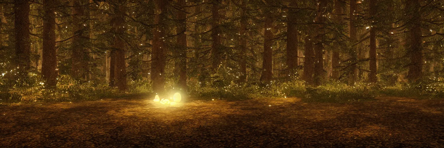Prompt: forest at night with little bright stars on the floor, 8k, unreal engine, ultra realistic, octane render