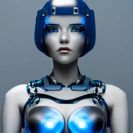 Image similar to a beautiful woman with blue hair wearing robot suit with wires and light, highly detailed, photorealistic, artstation, smooth