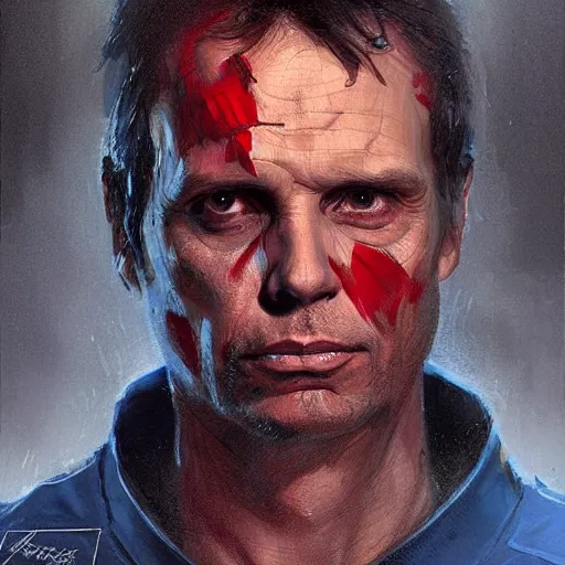 Image similar to portrait of superhero by greg rutkowski, michael biehn wearing a blue, black and red kevlar gear, highly detailed portrait, digital painting, artstation, concept art, smooth, sharp foccus ilustration, artstation hq