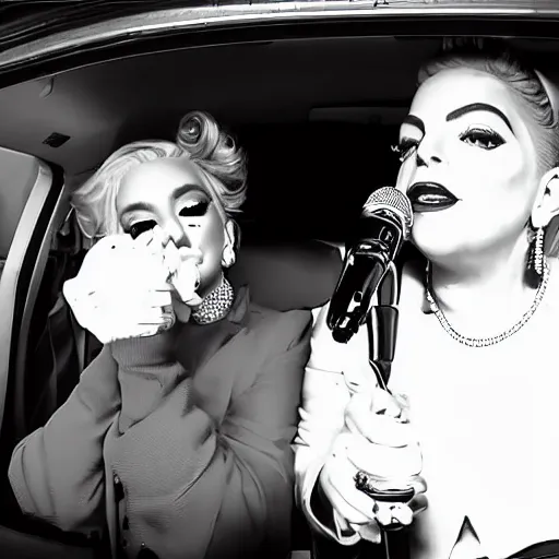 Image similar to carpool karaoke lady gaga and judy garland, highly realistic, highly detailed, high resolution, 8 k 4 k,