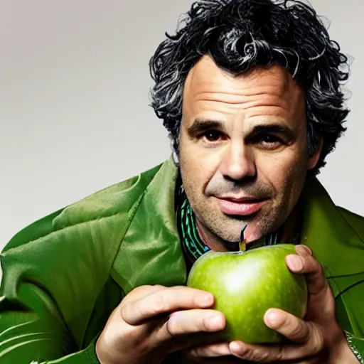 Prompt: mark ruffalo in a green apple costume