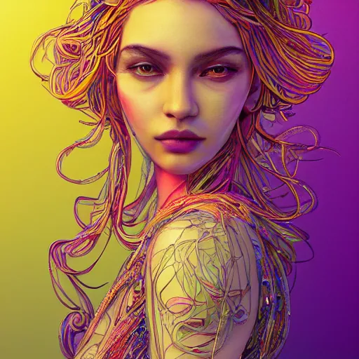 Image similar to the portrait of a ridiculously beautiful and elegant woman partially made of onion rings of all colors, an ultrafine detailed illustration by james jean, final fantasy, intricate linework, bright colors, behance contest winner, vanitas, angular, altermodern, unreal engine 5 highly rendered, global illumination, radiant light, detailed and intricate environment