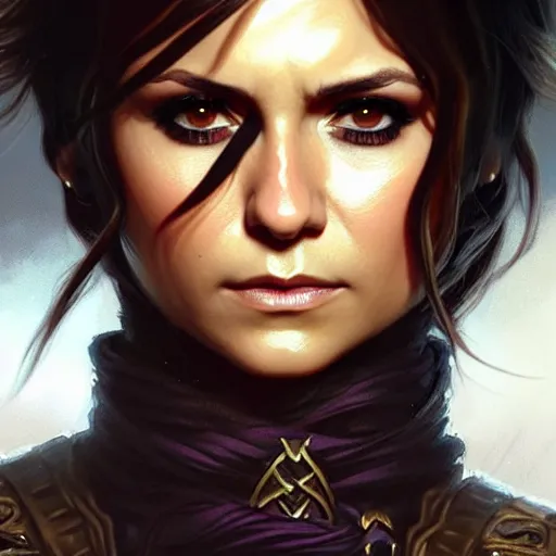 Prompt: Nina Dobrev as a fantasy rogue, closeup character portrait, D&D, fantasy, intricate, elegant, highly detailed, digital painting, artstation, concept art, matte, sharp focus, illustration, art by Artgerm and Greg Rutkowski and Alphonse Mucha