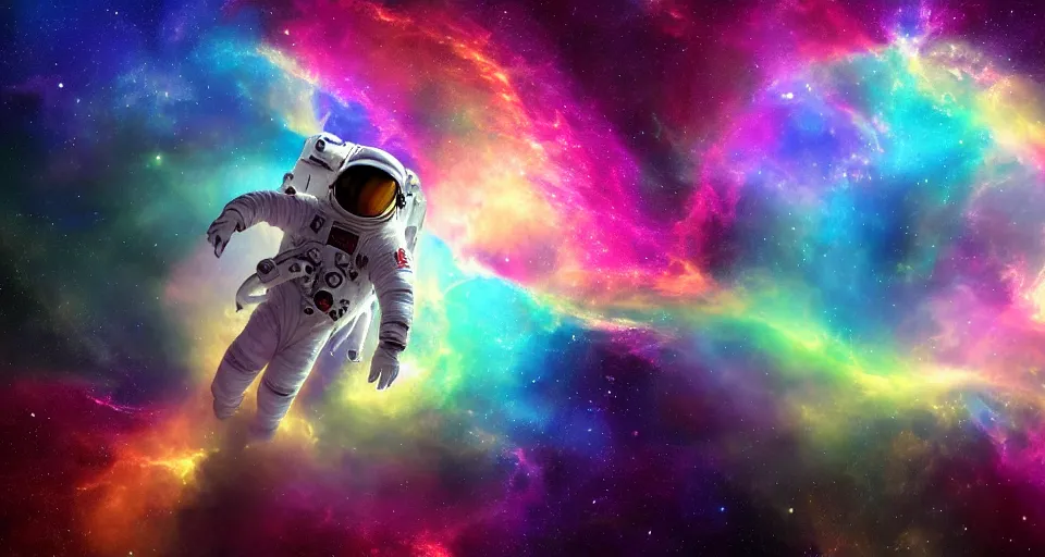 Image similar to Astronaut floating through a rainbow space nebula, hyperdetailed, artstation, cgsociety, 8k