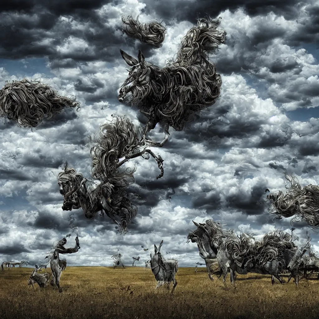 Prompt: mule, apocalypse, surreal, trippy, highly detailed digital art, clouds, limes, serene