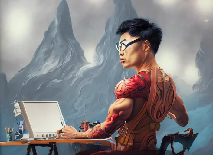 Image similar to an insanely detailed painting of an asian man wearing a homemade superhero costume, sitting at a desk, staring seriously at the computer and typing, in the style of peter mohrbacher, james jean, artgerm, dramatic lighting and composition, surreal background, octane render, pixar, trending on artstation, concept art, comic book, view from behind, 8 k