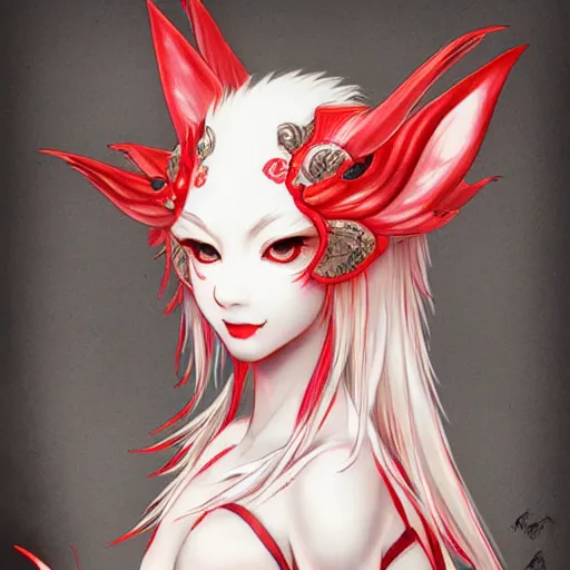 Prompt: albino kitsune maiko nekomimi, red and white neon, concept art, intricate details, highly professionally detailed, cgsociety, highly detailed -