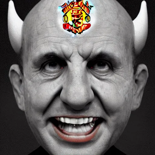 Image similar to avram glazer as the devil reincarnate, owner of manchester united football club, portrait, pure evil, devils horns, avram glazer, satan, hell, 8 k, hyperrealism, symmetry, cinematic lighting - h 9 6 0