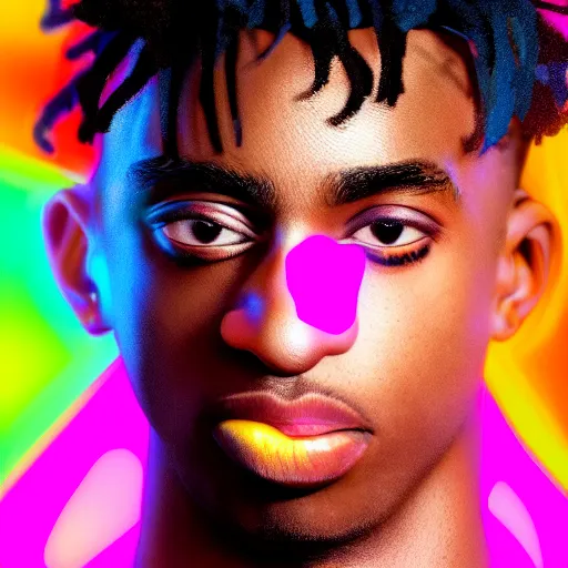 Image similar to playboi carti, photorealistic, detailed face, full body shot, 8 k, hd, neon colors, over saturated colors, wok, noisy background, background blending with itself, goofy,