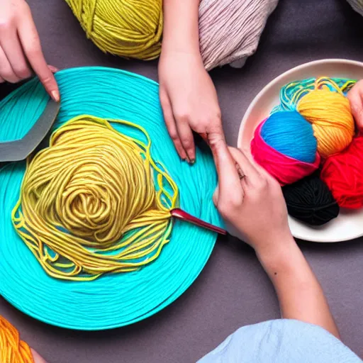 Image similar to photo of person eating a plate of colorful yarn like spaghetti