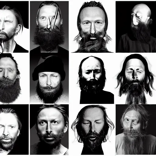 Prompt: versions collage, hyper realistic, many variations of thom yorke, very old, shot beard, long beard, face variations, various emotions, lost, reflective, cybernetic, high quality, brush stroke