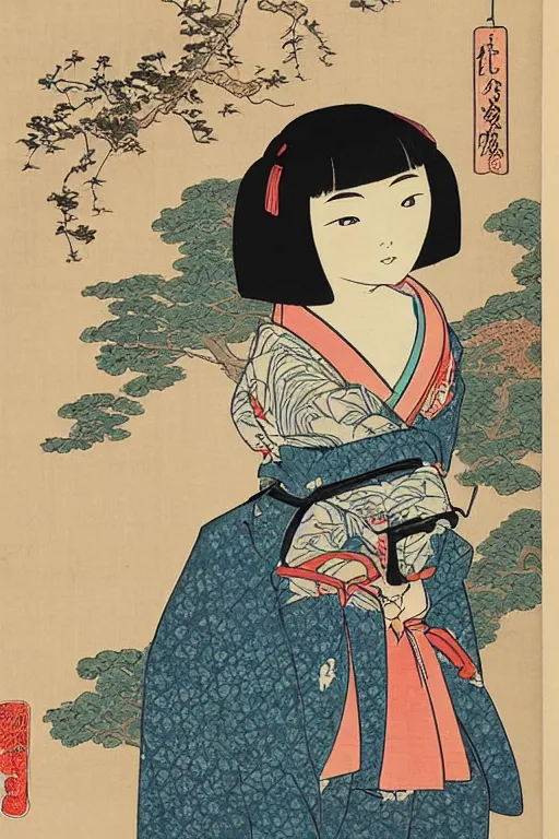 Image similar to Japanese woodblock print of real girl dora the explorer, hokusai