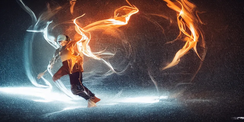 Image similar to VHS music video fisheye slow motion with lines of fire and smoke effect through a portal of futuristic break dancer wearing long dark cloak and golden helmet emitting fire and crystals, long exposure shot , enigmatic, at night half submerged by water, paddle of water, steam, fog, water splashes, rim lights, glossy reflections, water droplets on lens, octane render, Volumetric dynamic lighting, stunning cover magazine, high details, hajime sorayama