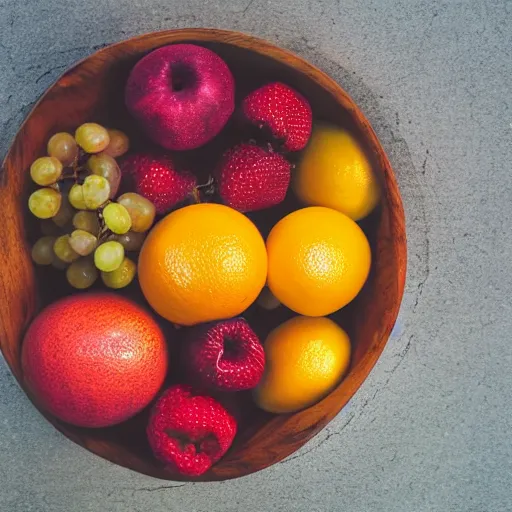 Image similar to a fruit bowl, view from above, movie still, 8 k