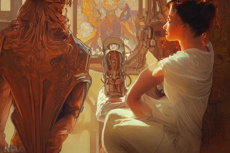 Image similar to portrait of tinfoil hat man in orange t - shirt behind his wife, feelings, romantic, fantasy, intricate, elegant, highly detailed, digital painting, artstation, concept art, smooth, sharp focus, illustration, art by artgerm and greg rutkowski and alphonse mucha