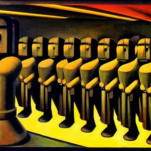 Prompt: a brutalist robot choir, pj crook, grant wood, edward hopper, syd mead, chiaroscuro, oil on canvas