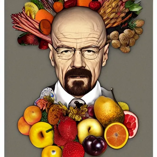 Image similar to walter white in the style of giuseppe arcimboldo, fruits