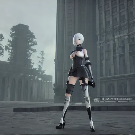 Image similar to 2B nier automata standing in front of a large building, detailed, artstation, concept art, Unreal Engine 5 render, 8K