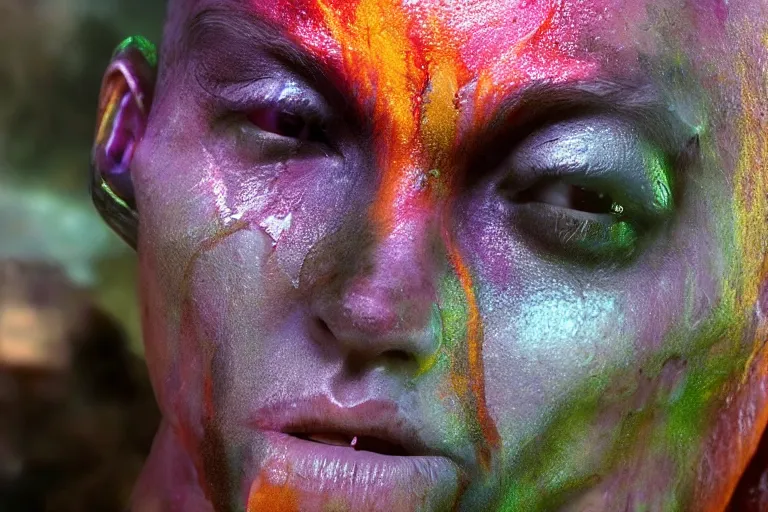 Image similar to VFX movie of a futuristic alien warrior closeup portrait in war zone, beautiful colorful skin and gills natural lighting by Emmanuel Lubezki