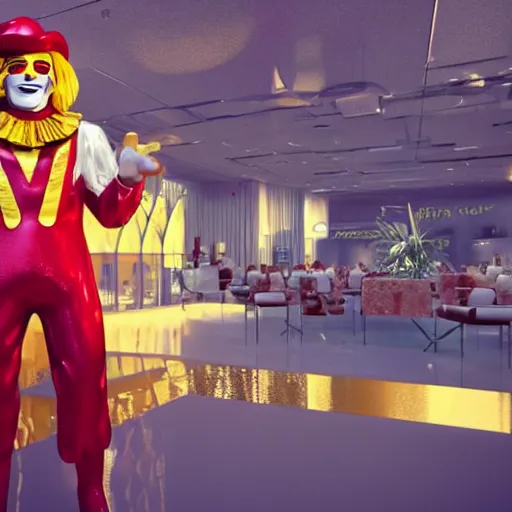 Image similar to A still of Ronald McDonald surrounded by gold and diamonds, Award-winning, photograph, 3d render, unreal engine, 4k detailed