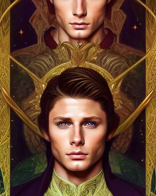 Prompt: symmetry portrait of brunette magical prince, teenage elf jensen ackles, renaissance, glass skin, forest background, intricate, elegant, highly detailed, digital painting, artstation, concept art, smooth, sharp focus, illustration, art by artgerm and greg rutkowski and fra angelico and alphons mucha