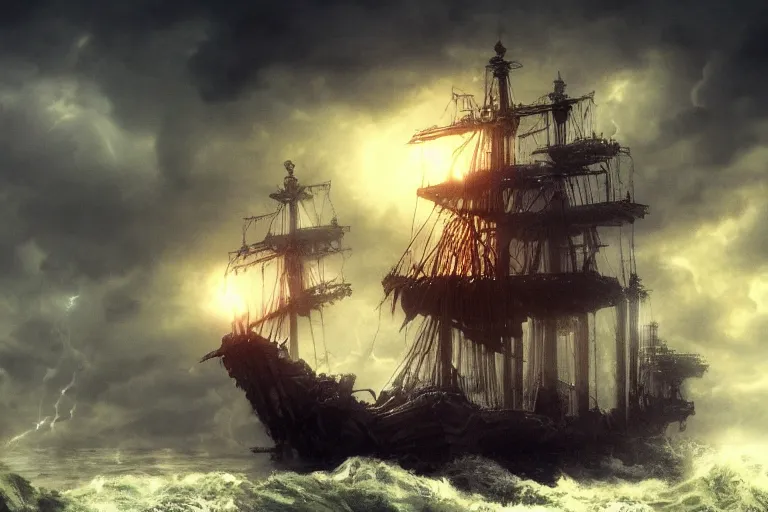 Image similar to epic pirate ship in a storm as cthulhu rises from the sea, in the style of vernon grant and chris van allsburg, trending on artstation, bright tilt - shift camcorder effect, photoshop, retrowave, hyperrealism,