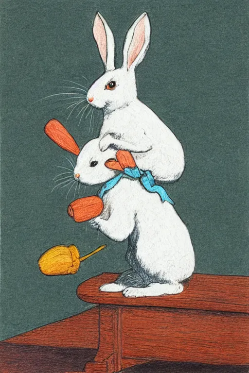 Prompt: drawing of white rabbit, holding a carrot, sitting at a desk, Beatrix Potter, turquoise