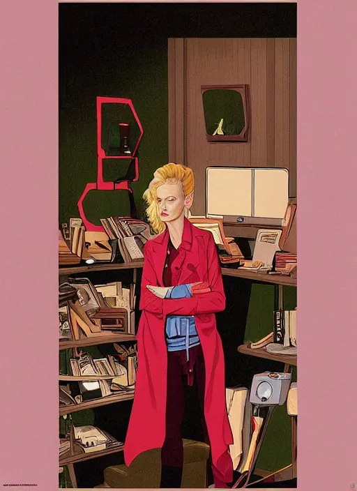 Image similar to Twin Peaks poster artwork by Michael Whelan, Bob Larkin and Tomer Hanuka, Karol Bak of portrait of radio host Tilda Swinton hanging out in her studio radio sound booth, from scene from Twin Peaks, simple illustration, domestic, nostalgic, from scene from Twin Peaks, clean, cover of New Yorker magazine, 1980s book cover, 1990s