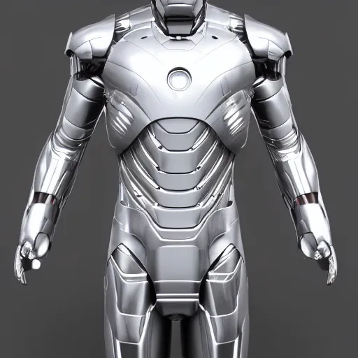 Prompt: silver and white iron man suit, 4 k realistic photo