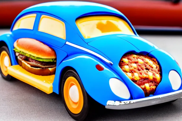 Image similar to a blue beetle car with burgers in place of the wheels