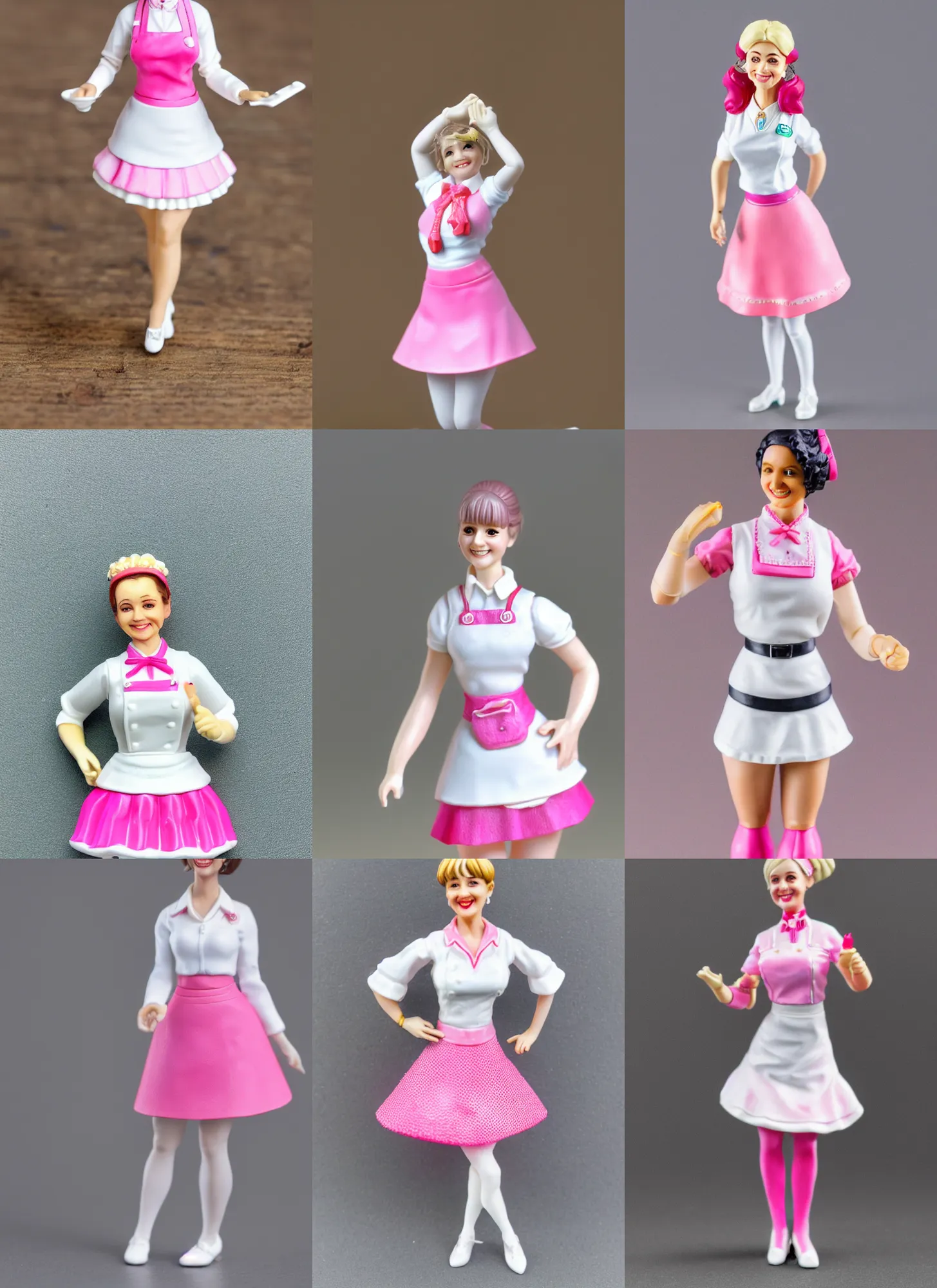 Prompt: 80mm resin detailed miniature of a Waitress, white blouse, Pink tight mini-skirt, white apron, White tights, smile, on textured base; Miniature product Photos, 4K, Full body;