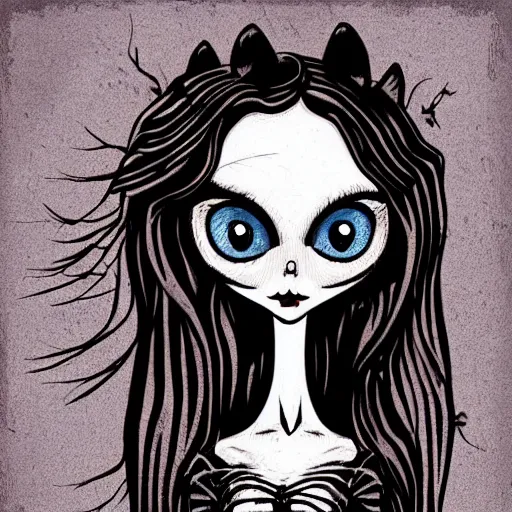 Image similar to grunge cartoon vector sketch of a human mixed with a cat by - zdzisław Beksiński in the style of corpse bride, loony toons style, horror theme, detailed, elegant, intricate