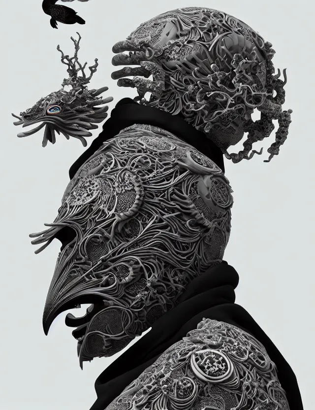 Image similar to 3 d goddess close - up profile portrait of cultist monk in hooded robe with ram skull. beautiful intricately detailed japanese crow kitsune mask and clasical japanese kimono. betta fish, jellyfish phoenix, bio luminescent, plasma, ice, water, wind, creature, artwork by tooth wu and wlop and beeple and greg rutkowski