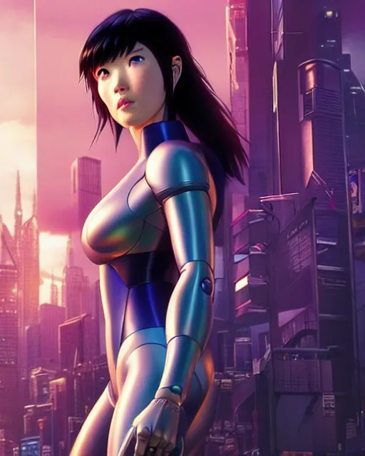 Image similar to weta disney pixar movie still portrait photo of motoko kusanagi the major ghost in the shell : : as cyborg woman by pixar : : by weta, wlop, ilya kuvshinov, rossdraws, artgerm, marvel, maxim cover, latex, octane render, sweaty, iridescent, bright morning, anime, liosh, mucha : :