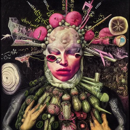 Image similar to post - punk new age album cover, asymmetrical design, dollar bank notes, capitalism, magic, apocalypse, psychedelic, black white pink, magic, giger h. r., giuseppe arcimboldo