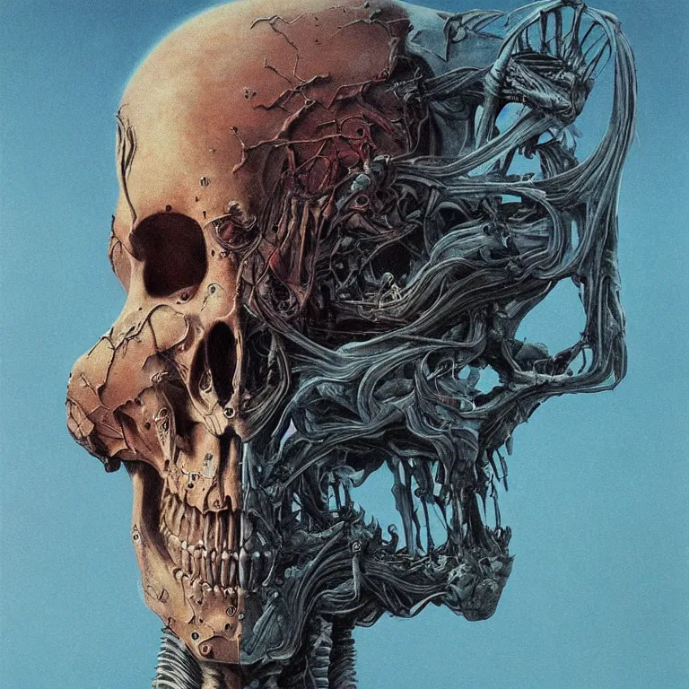 Prompt: organic cyborg alien skeleton alien centipede planet face style of zdzislaw beksinski surrealism poster art album cover contrast skull eyeballs