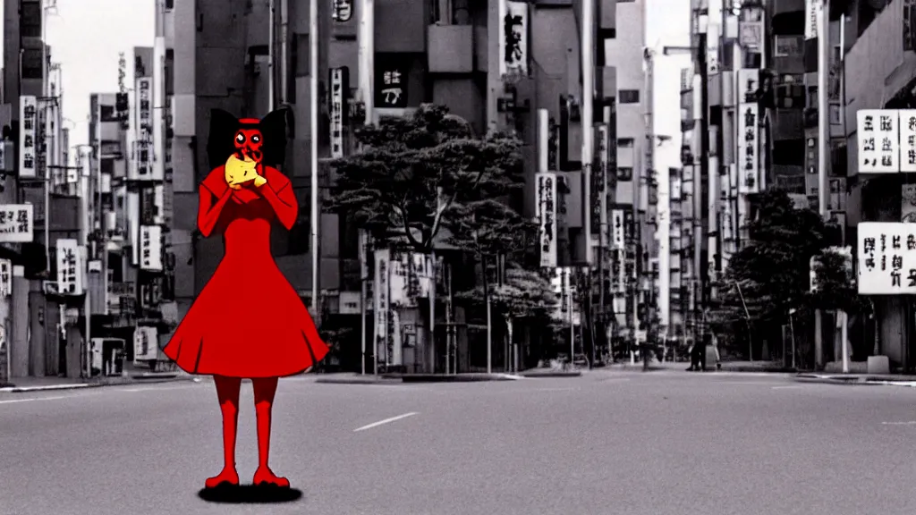 Image similar to a woman in a red dress wearing a red baboon mask standing alone on an empty street in downtown Tokyo , film still from the an anime directed by Katsuhiro Otomo with art direction by Salvador Dalí, wide lens