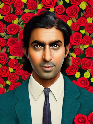 Prompt: artwork by Wes Anderson, Wes Anderson and Wes Anderson, of a solo individual portrait of an Indian guy with roses roses roses, dapper, simple illustration, domestic, nostalgic, full of details, by Wes Anderson and Wes Anderson, wes anderson, wes anderson, wes anderson, wes anderson, wes anderson, Matte painting, trending on artstation and unreal engine